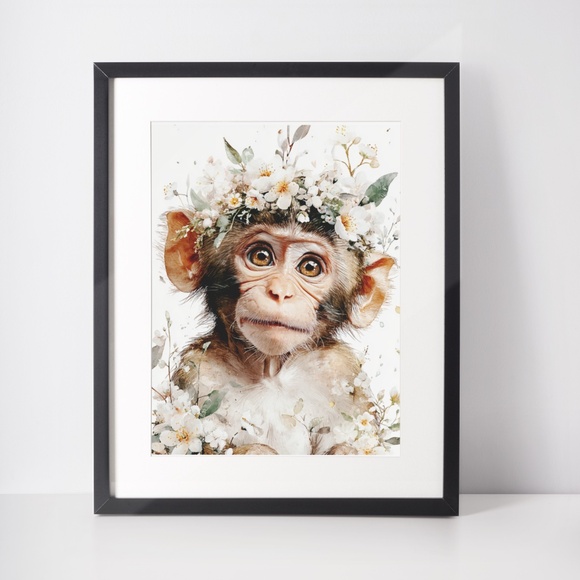 Watercolor Floral Monkey Portrait Wall Art Print Unframed - Playful Jungle Charm - Picture 3 of 6